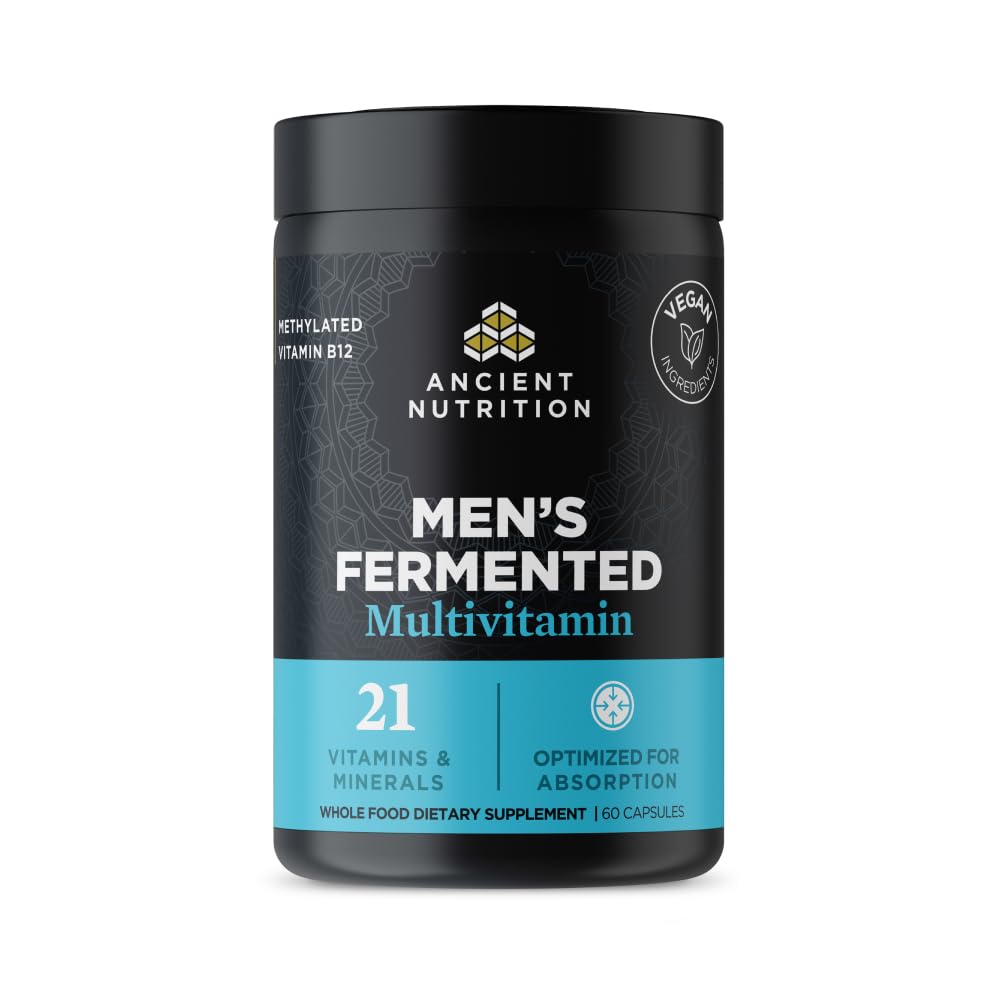 Ancient Nutrition Men’s Fermented Multivitamin bottle front view for daily wellness.