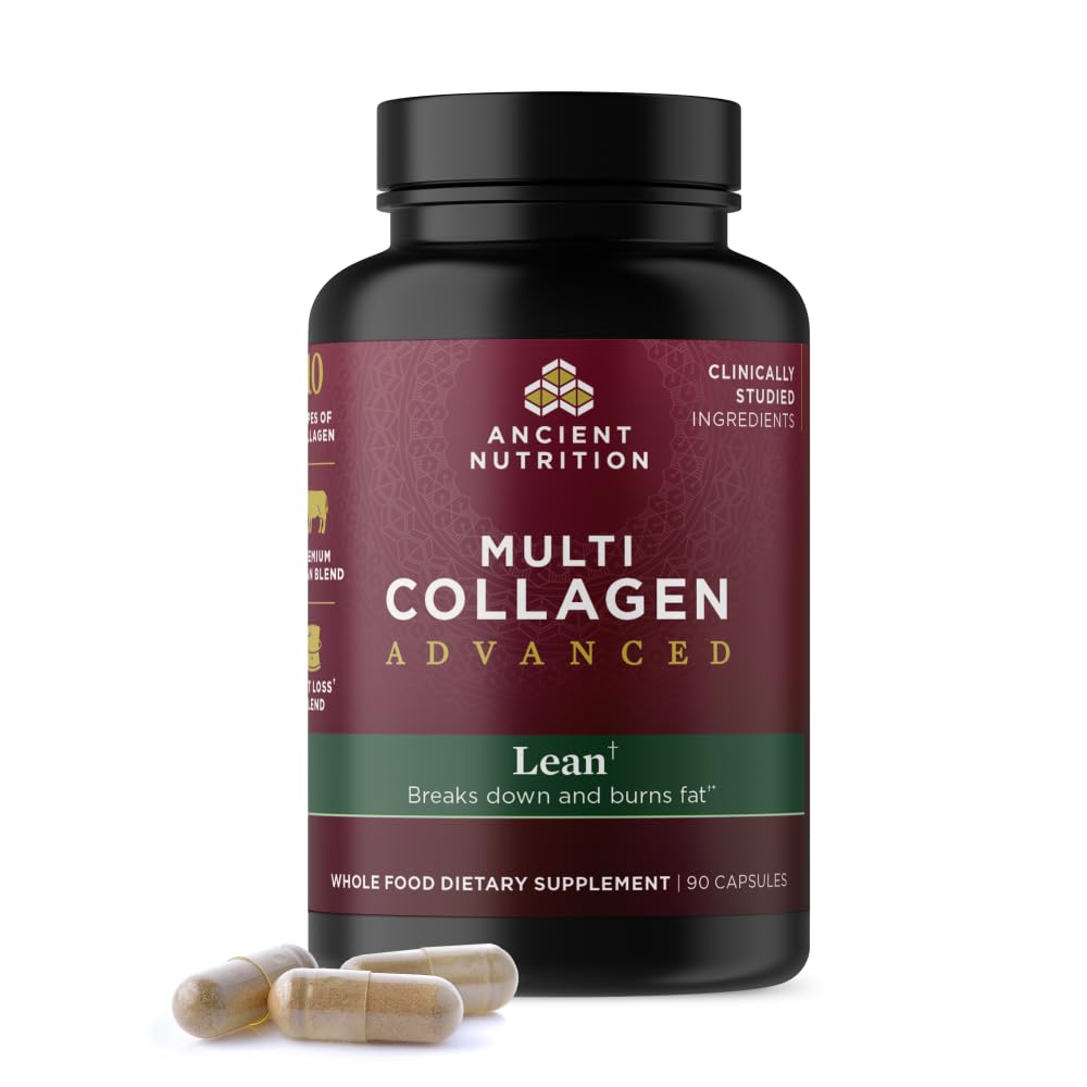 Ancient Nutrition Multi Collagen Advanced Lean bottle pouring suggests potential fat-loss support.