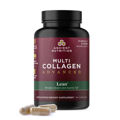 Ancient Nutrition Multi Collagen Advanced Lean bottle pouring suggests potential fat-loss support.