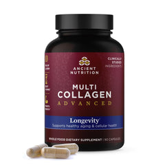 Ancient Nutrition Multi Collagen bottle closeup with probiotic blend for healthy aging potential.