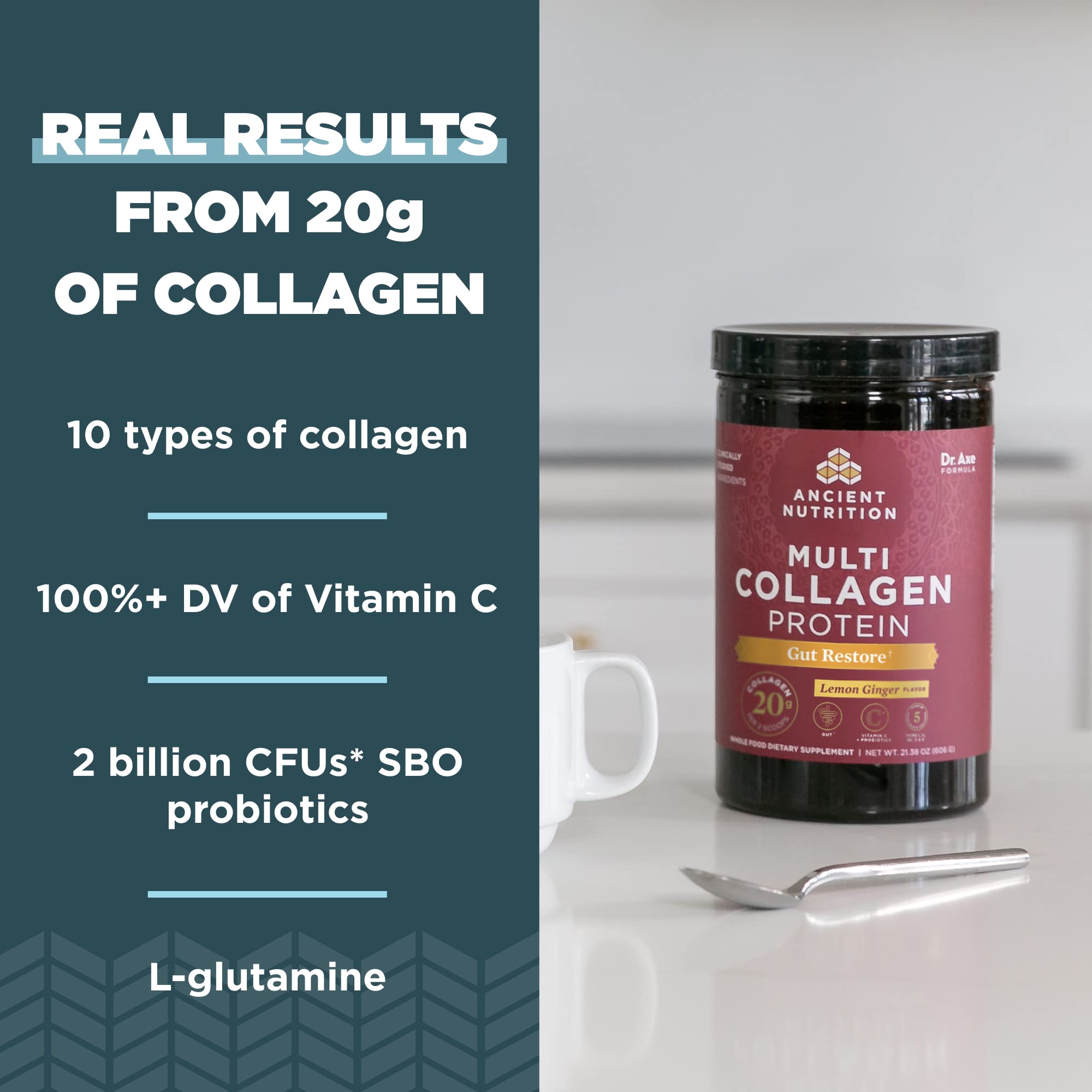 Ancient Nutrition multi collagen bottle front showing ingredients and 5 collagen types.