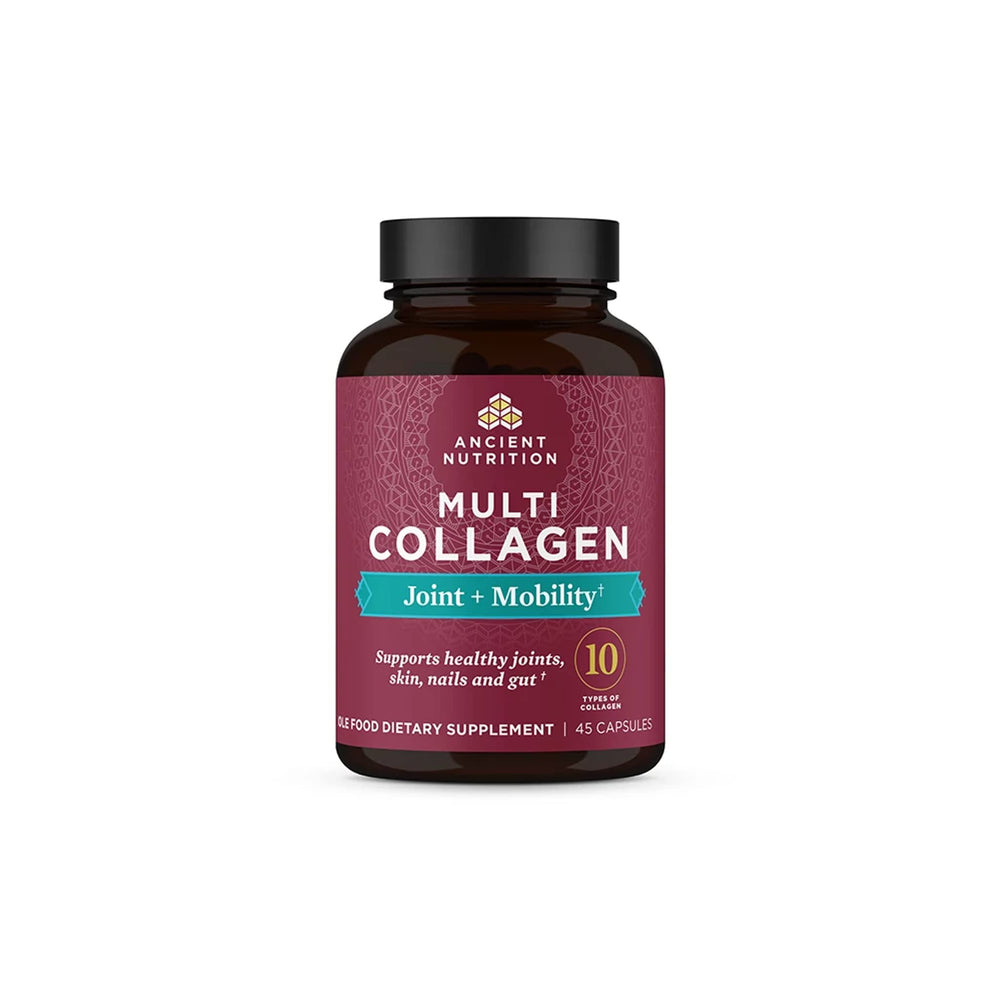 Ancient Nutrition Multi Collagen capsules bottle promoting joint mobility support.