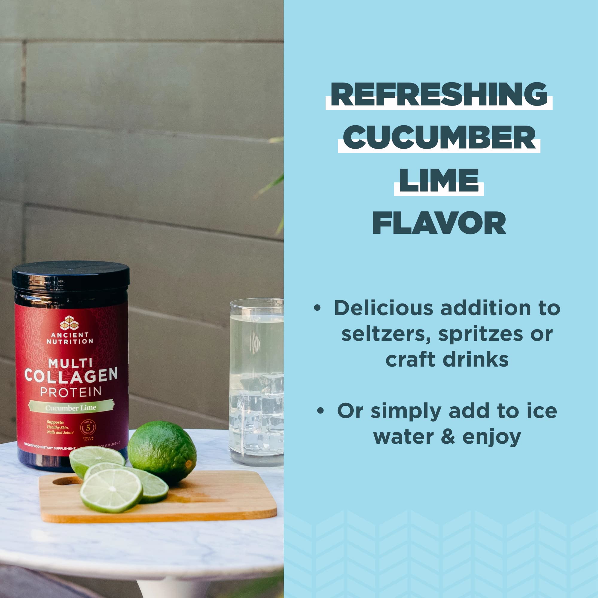 Ancient Nutrition glass of cucumber lime collagen drink showing refreshing taste and texture.