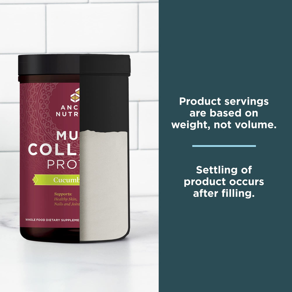 Ancient Nutrition ingredients panel shows collagen types I-V and X.