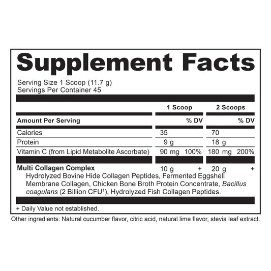 Ancient Nutrition scoop with cucumber lime collagen powder for daily protein boost.