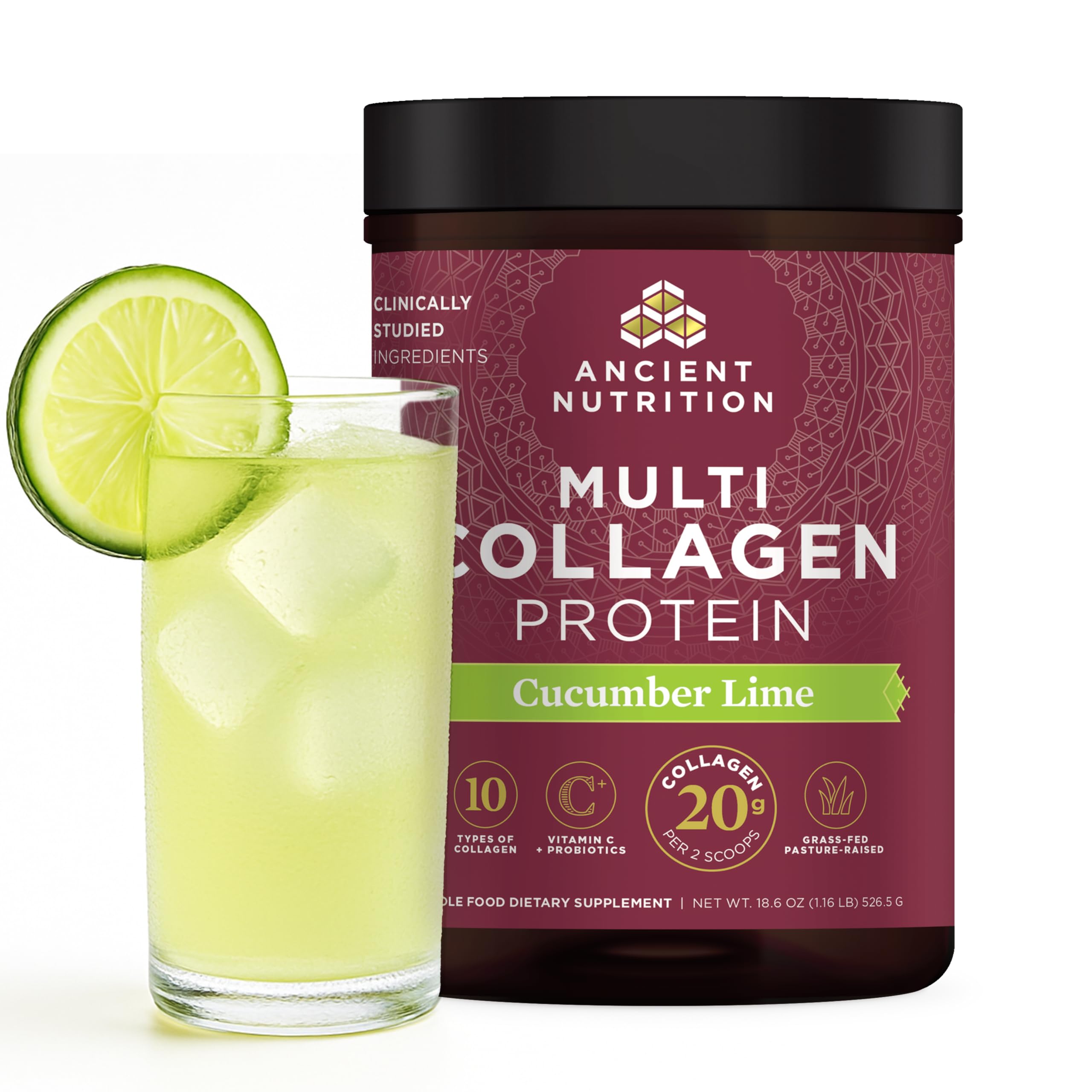 Ancient Nutrition multi-collagen cucumber lime tub for skin and nails support.