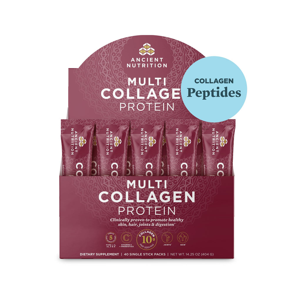 Ancient Nutrition multi collagen packets box for convenient travel and daily routines.