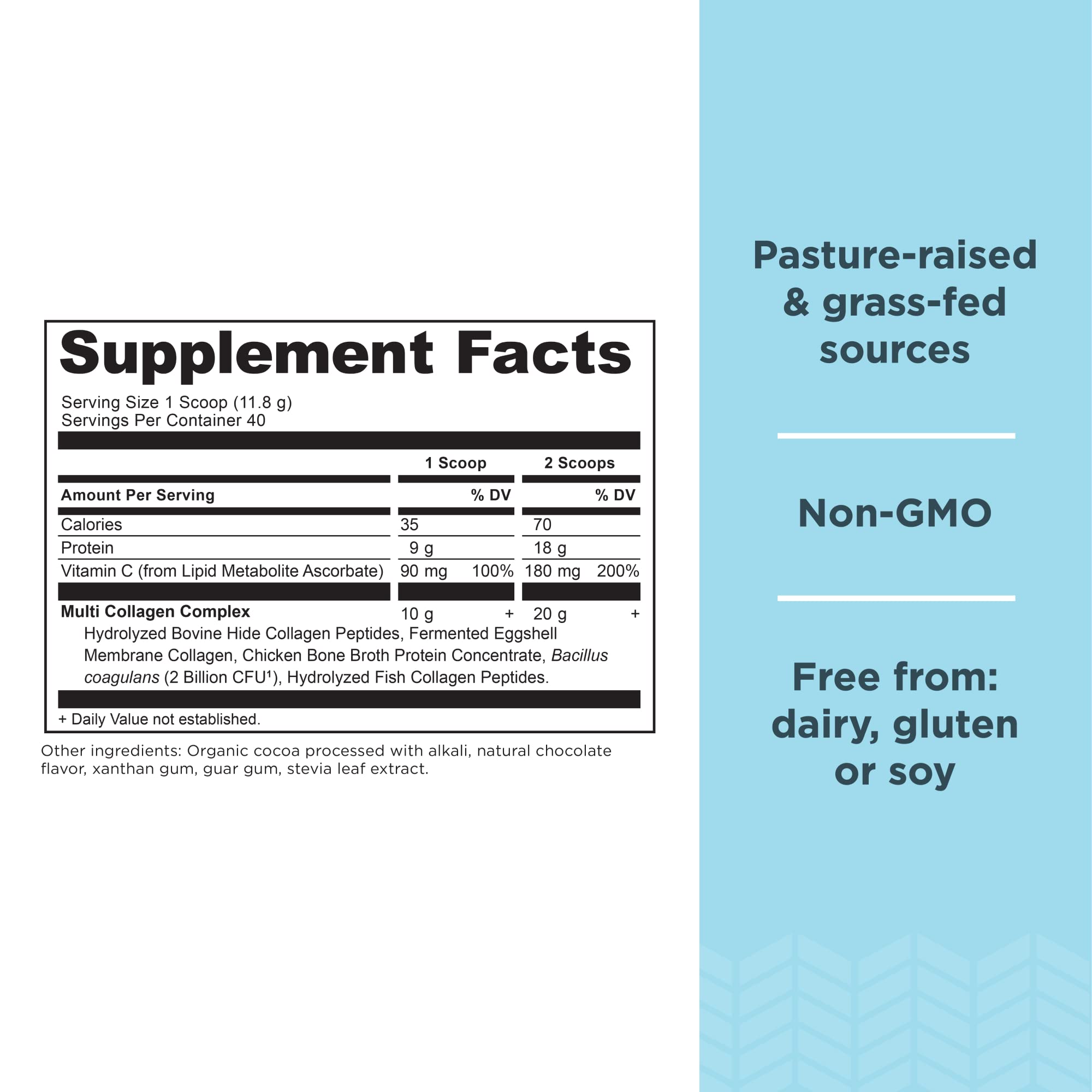 Ancient Nutrition collagen probiotics scoop showing 20g collagen and 4B CFU probiotics.
