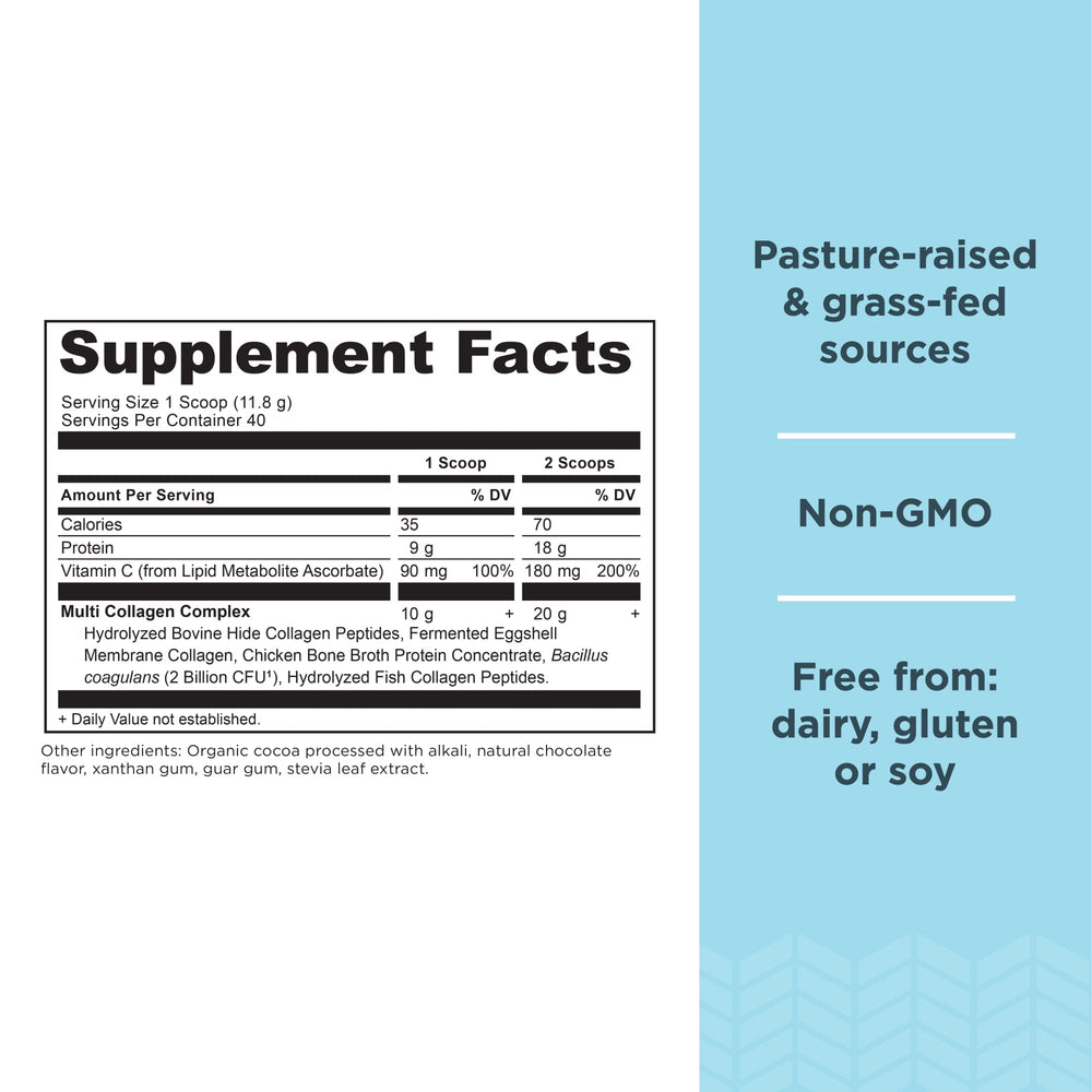 Ancient Nutrition collagen probiotics scoop showing 20g collagen and 4B CFU probiotics.
