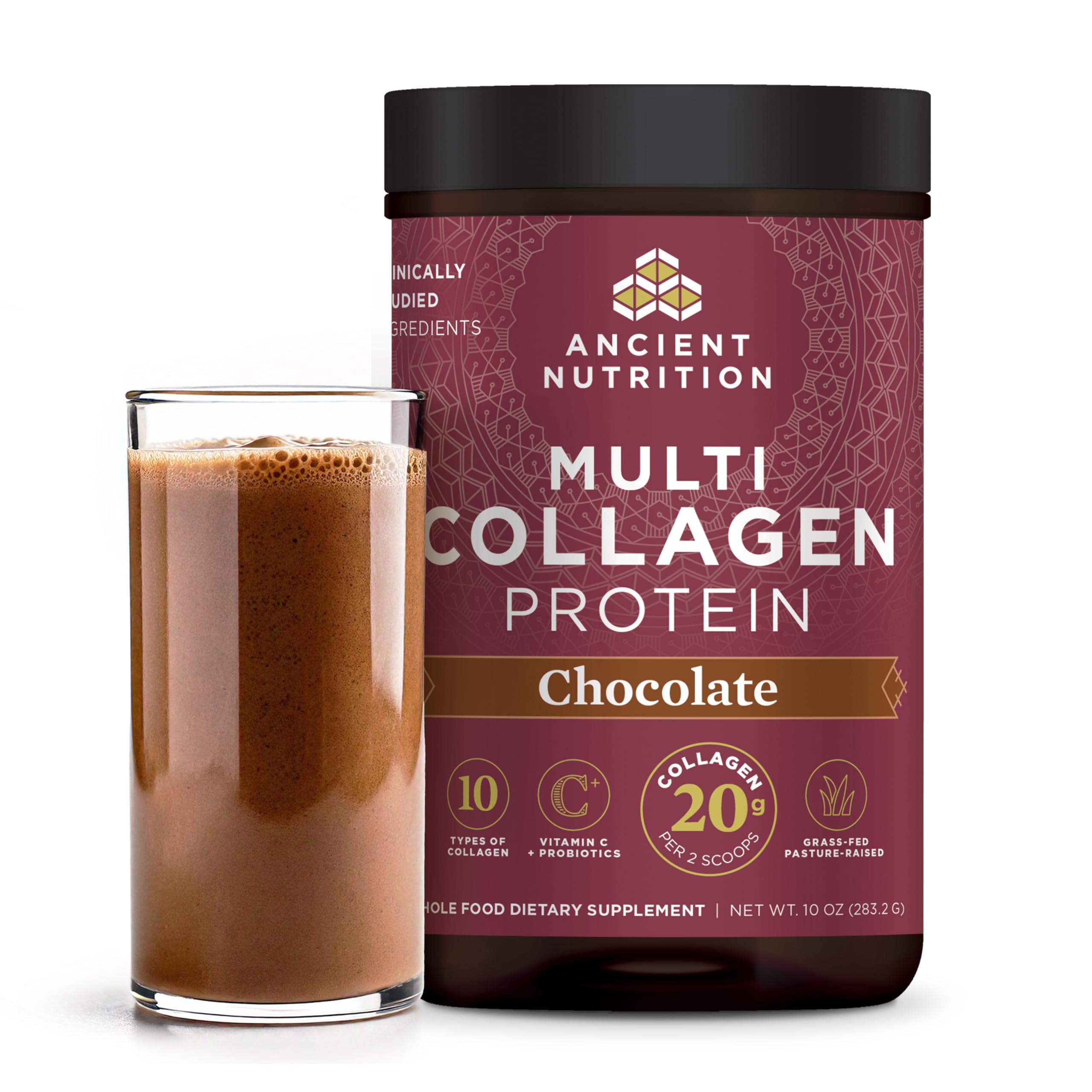 Ancient Nutrition Multi Collagen Chocolate tub ready to enhance skin and gut support.