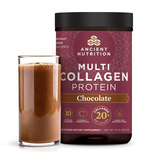 Ancient Nutrition Multi Collagen Chocolate tub ready to enhance skin and gut support.