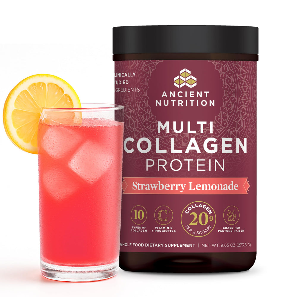 Ancient Nutrition Multi Collagen Protein Strawberry Lemonade tub for daily nourishment.