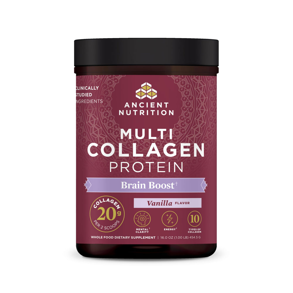 Ancient Nutrition multi collagen protein tub with label and skin support benefits