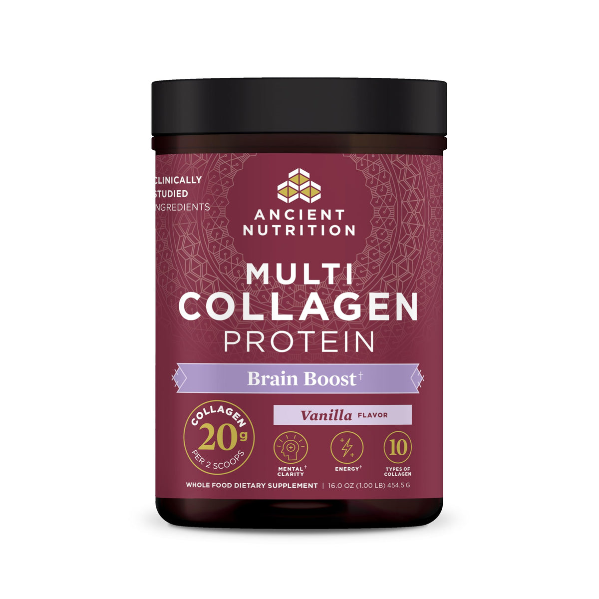 Ancient Nutrition multi collagen protein tub with label and skin support benefits