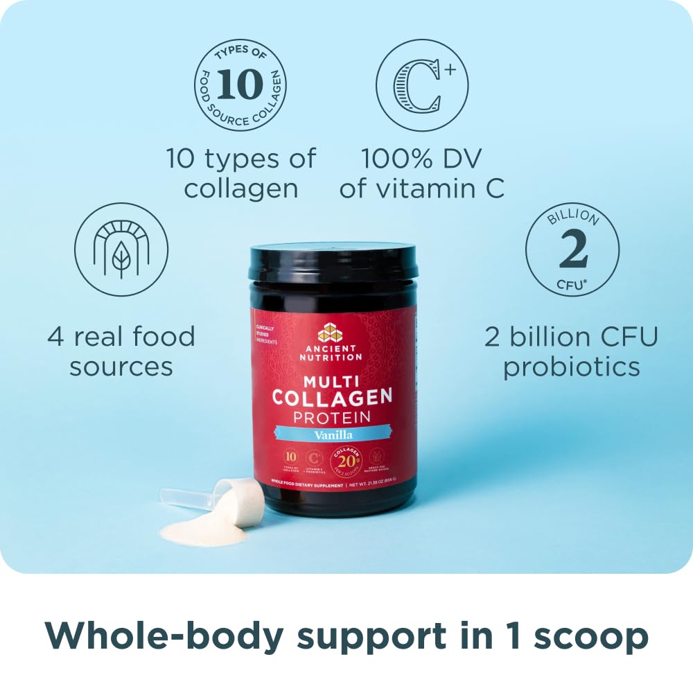Ancient Nutrition Multi Collagen Vanilla glass with powder infusing into a drink
