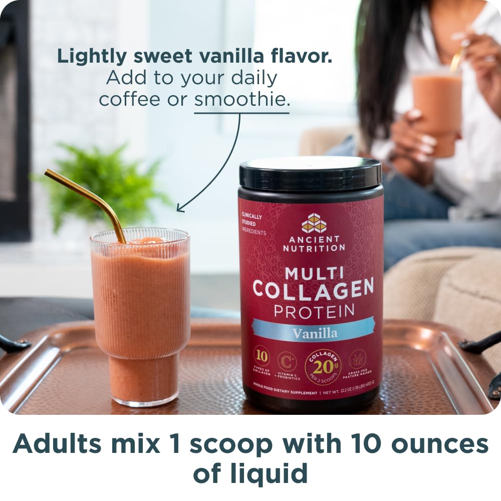 Ancient Nutrition Multi Collagen Vanilla powder being measured for daily use
