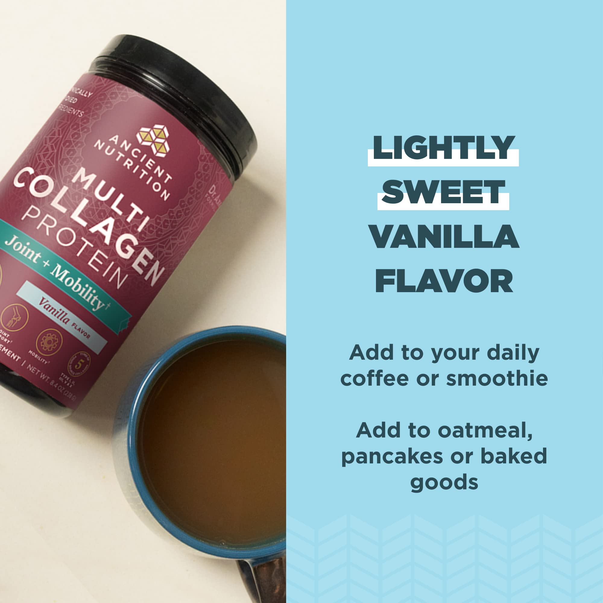 Ancient Nutrition powder mixed in tea for convenient daily collagen intake