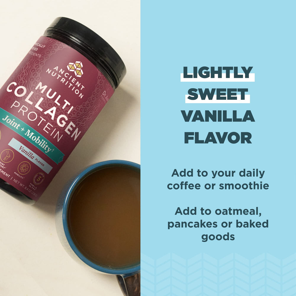 Ancient Nutrition powder mixed in tea for convenient daily collagen intake