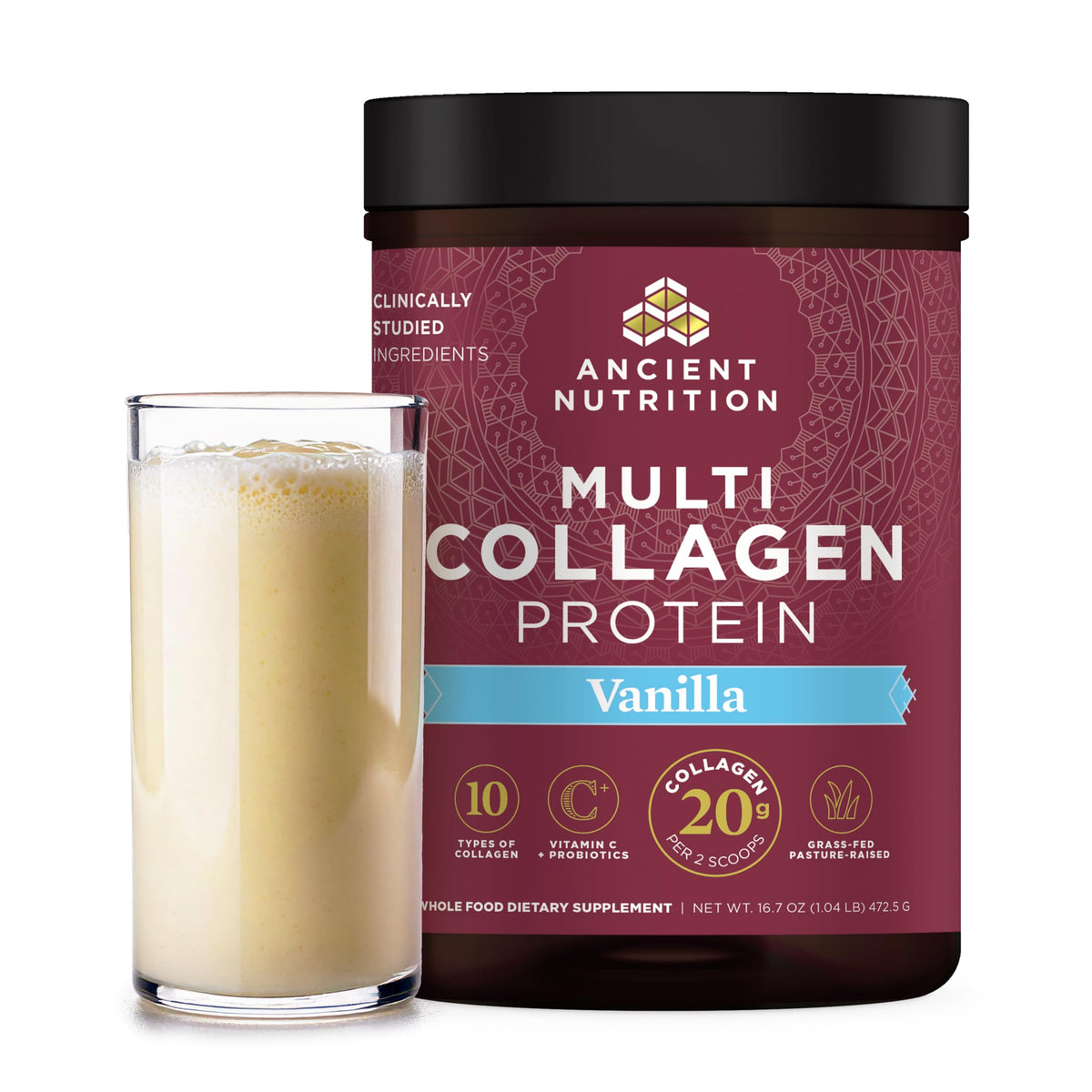 Ancient Nutrition Multi Collagen Vanilla tub ready to mix for potential skin and gut support