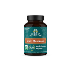 Ancient Nutrition multi-mushroom daily immune defense bottle aiding daily wellness