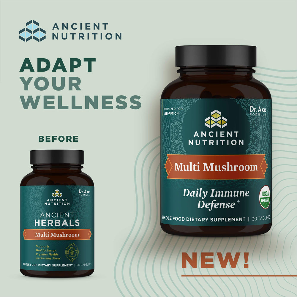 Ancient Nutrition tablets closeup showing blend of turkey tail and reishi