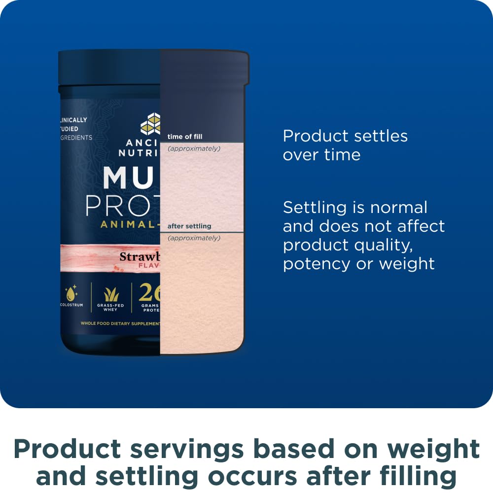 Ancient Nutrition multi protein powder serving scoop of strawberry flavor