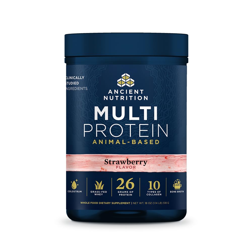 Ancient Nutrition multi protein powder tub with strawberry flavor, ready for quick post-workout shakes