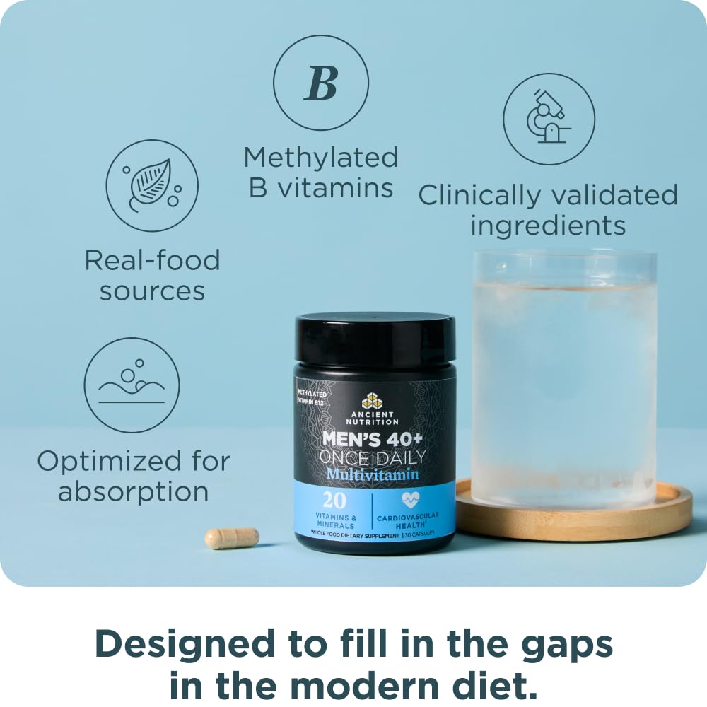 Ancient Nutrition Multivitamin for Men 40+ daily-use scene demonstrates simple routine