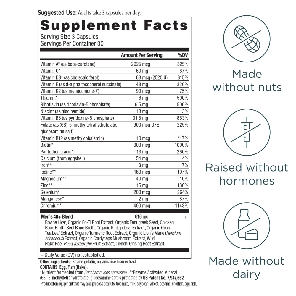 Label closeup of Ancient Nutrition multivitamin for men 40+ showing ingredients.