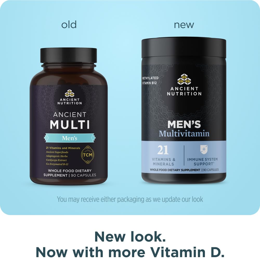 Ancient Nutrition multivitamin capsules for men, supporting daily energy and overall wellness.