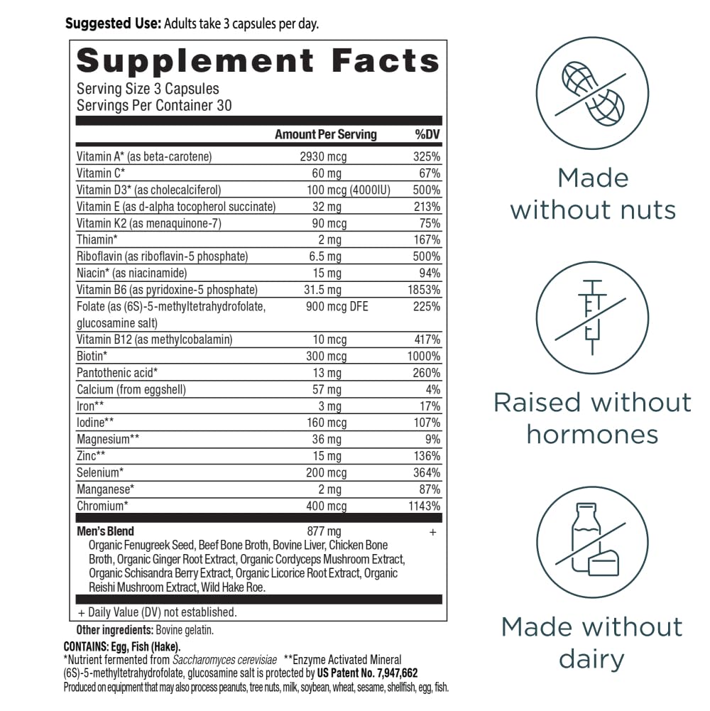 Ancient Nutrition multivitamin for men label close-up highlighting 21 nutrients and zinc.