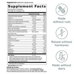 Ancient Nutrition multivitamin for men label close-up highlighting 21 nutrients and zinc.