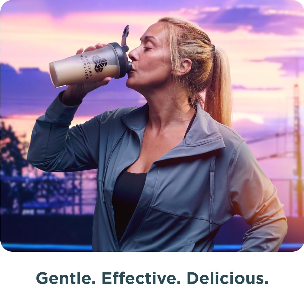 Ancient Nutrition On-the-go shake with creamy vanilla cinnamon flavor for busy days