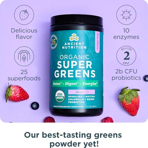 Colorful organic berries and greens display antioxidant-rich ingredients from Ancient Nutrition.