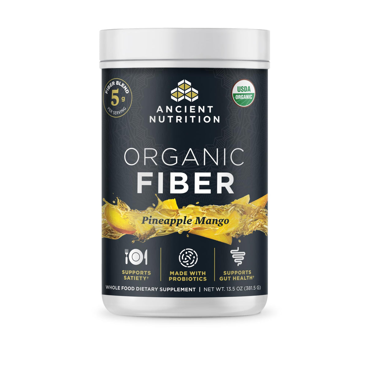 Ancient Nutrition Organic Fiber Powder bottle with pineapple mango label for digestive health support