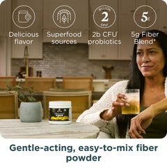 Ancient Nutrition Organic Fiber Powder pineapple mango glass with foam shows refreshing drink option.
