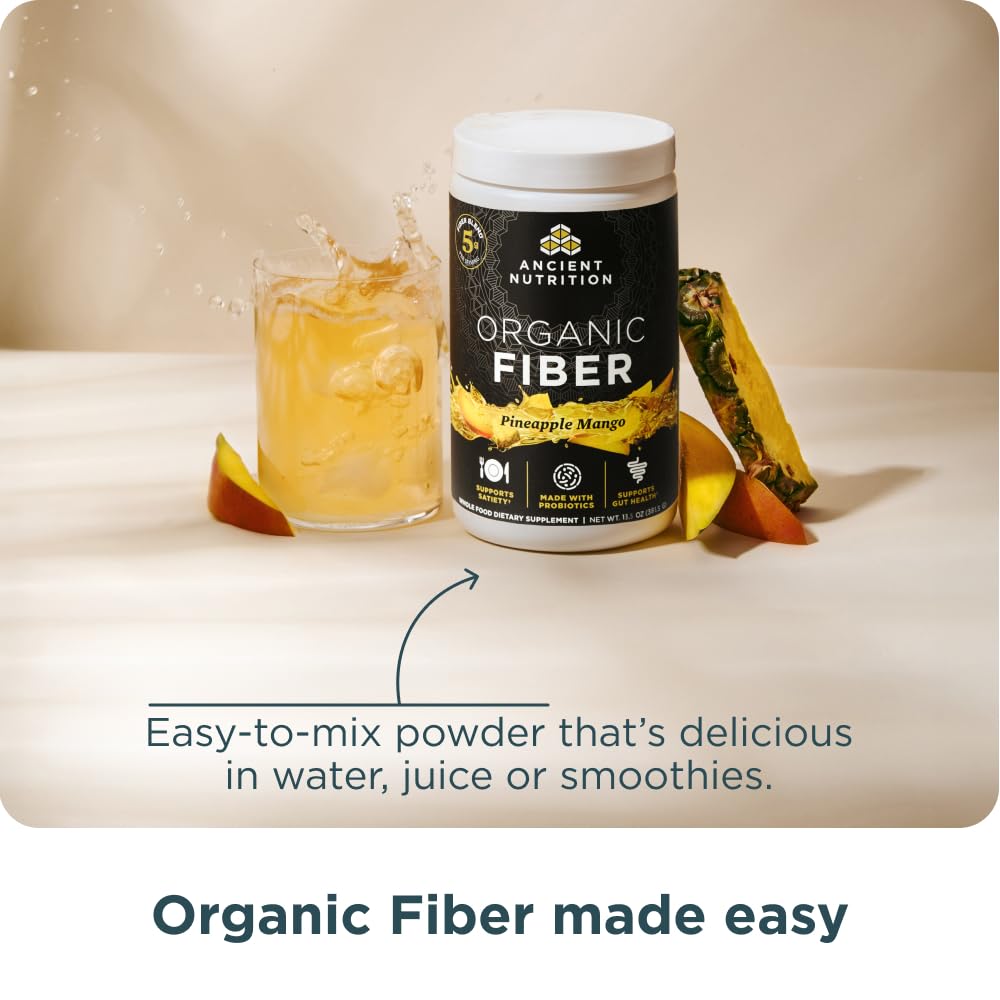 Ancient Nutrition Organic Fiber Powder label shows soluble fiber blend from acacia and konjac