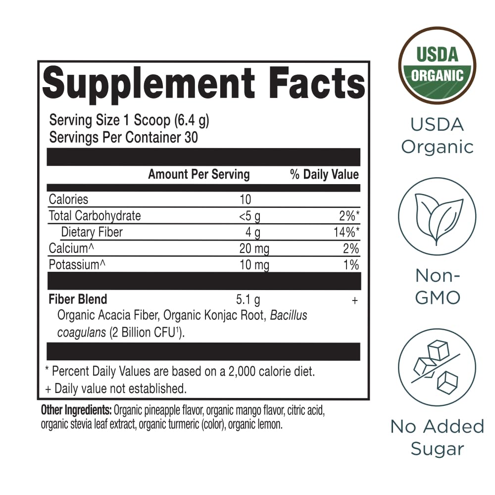 Ancient Nutrition Organic Fiber Powder pineapple mango scoop in bowl showcases daily use.