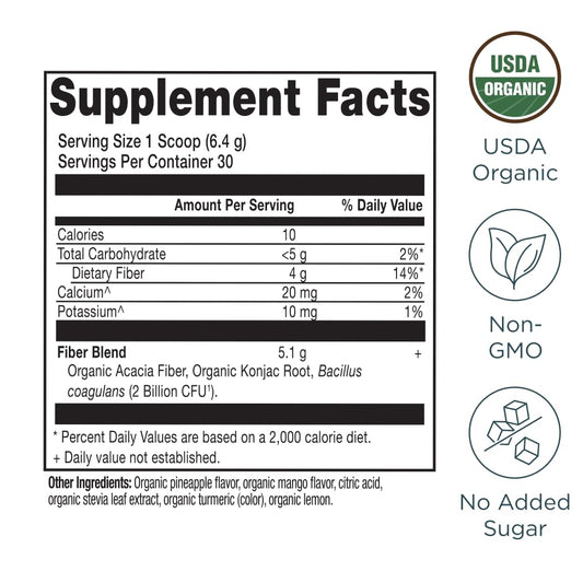 Ancient Nutrition Organic Fiber Powder pineapple mango scoop in bowl showcases daily use.
