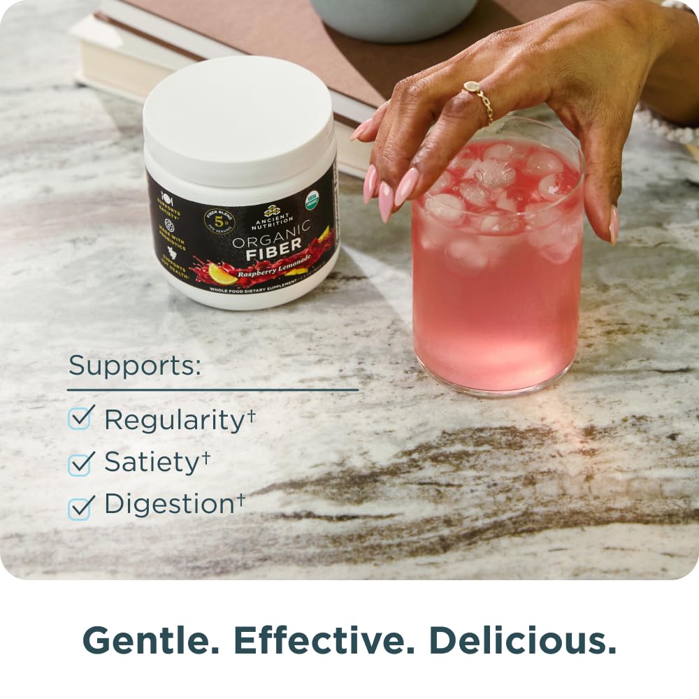 Ancient Nutrition Organic Fiber Powder Raspberry Lemonade drink pour for smooth blending