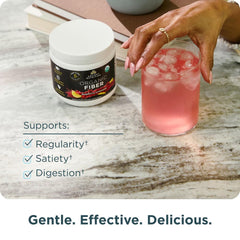 Ancient Nutrition Organic Fiber Powder Raspberry Lemonade drink pour for smooth blending