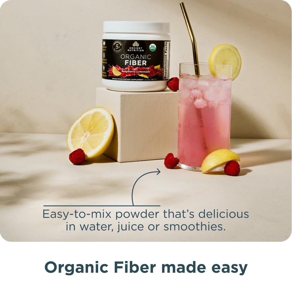 Ancient Nutrition Organic Fiber Powder Raspberry Lemonade packaging highlights probiotic inclusion