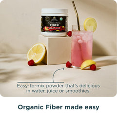 Ancient Nutrition Organic Fiber Powder Raspberry Lemonade packaging highlights probiotic inclusion
