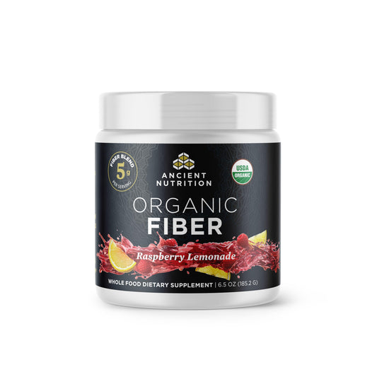 Ancient Nutrition Organic Fiber Powder Raspberry Lemonade tub shows a convenient daily digestive helper