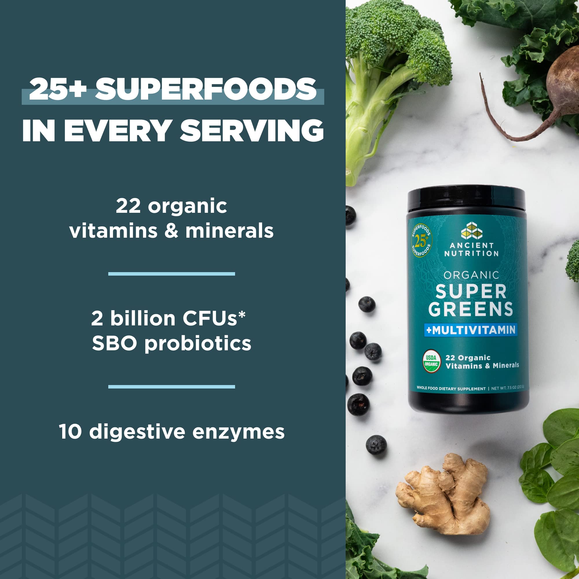 Ancient Nutrition organic greens ingredients visual emphasizing 25+ greens.