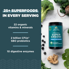 Ancient Nutrition organic greens ingredients visual emphasizing 25+ greens.