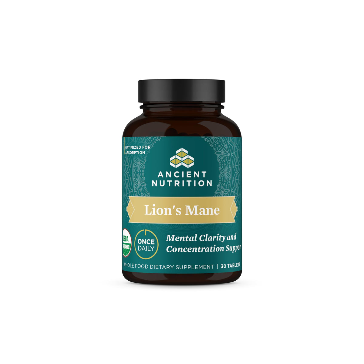 Ancient Nutrition Organic Lion's Mane bottle for daily focus.