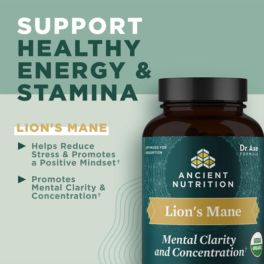 Ancient Nutrition Lion's Mane tablets close-up showing easy once-daily serving.