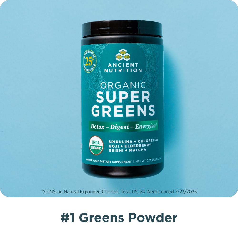 Ancient Nutrition Super Greens with matcha and enzymes for easy digestion.