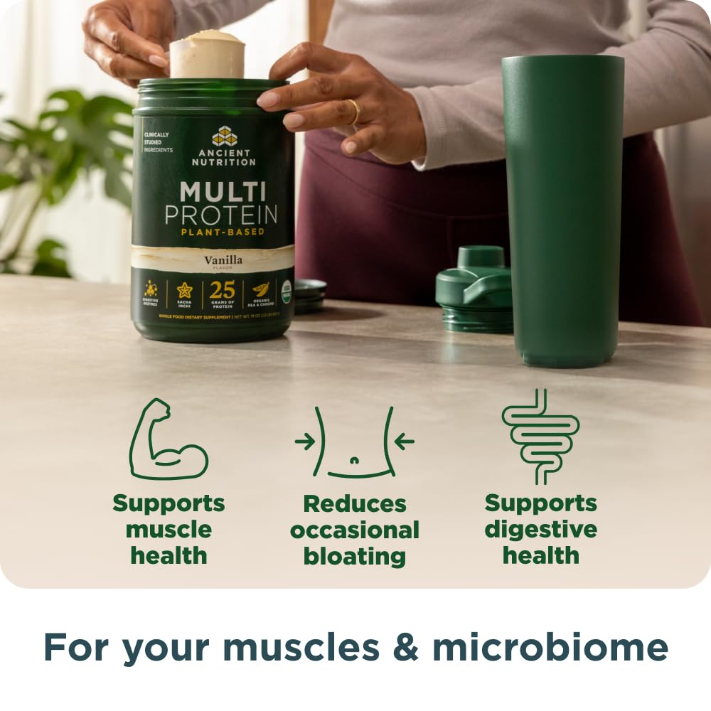 Ancient Nutrition Multi Protein powder scoop beside the jar for serving.